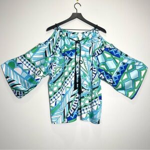 CHICO'S Lightweight Blue Green Halter Blouse Geometric Print Tassel Tie Size Med